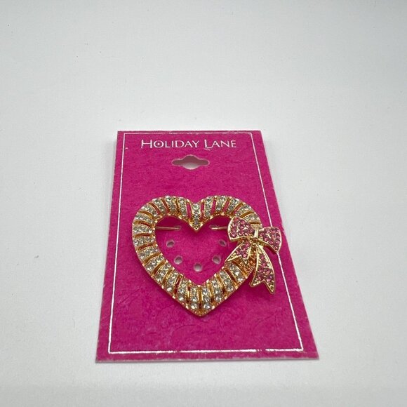 Holiday Lane Pave Heart & Bow Pin in Gold-Tone MSRP $25 NWT - Picture 2 of 4